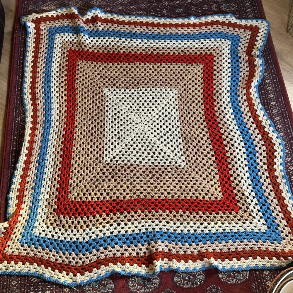 Vintage Handmade Granny Square Crochet Multicolored Blanket‎